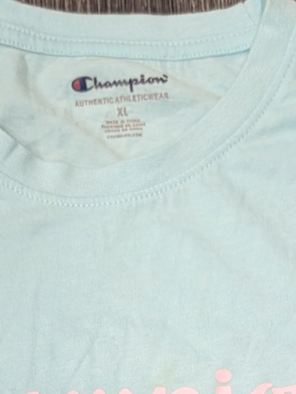 Champion Women's Light Blue Logo Tee with Pink Script